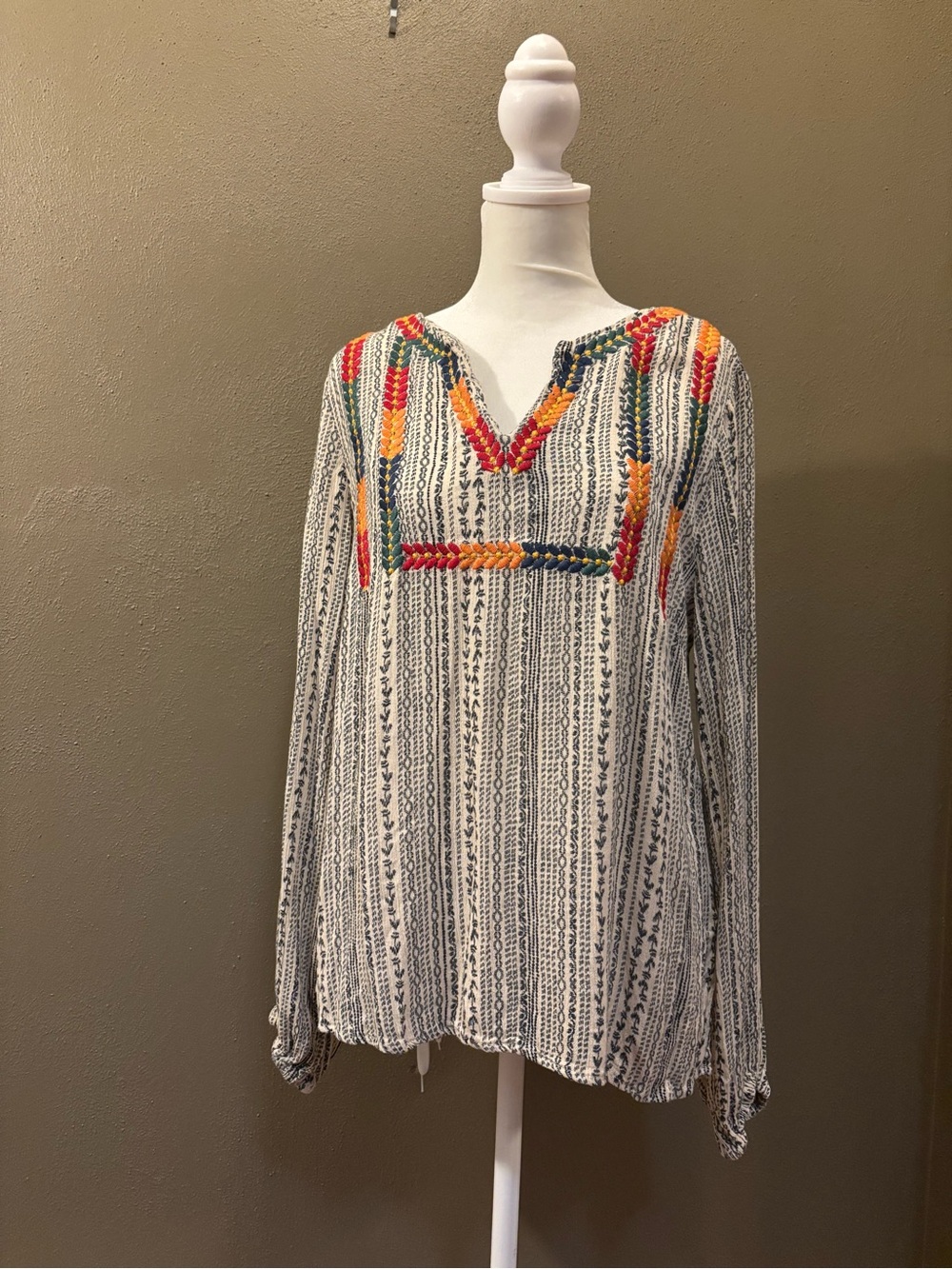 Savanna Jane Ivory Striped Tunic with Multicolor Embroidered V-Neck